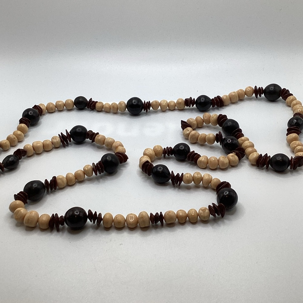 Layered Wooden Bead Necklace in Beige and Dark Brown - Picture 2 of 3
